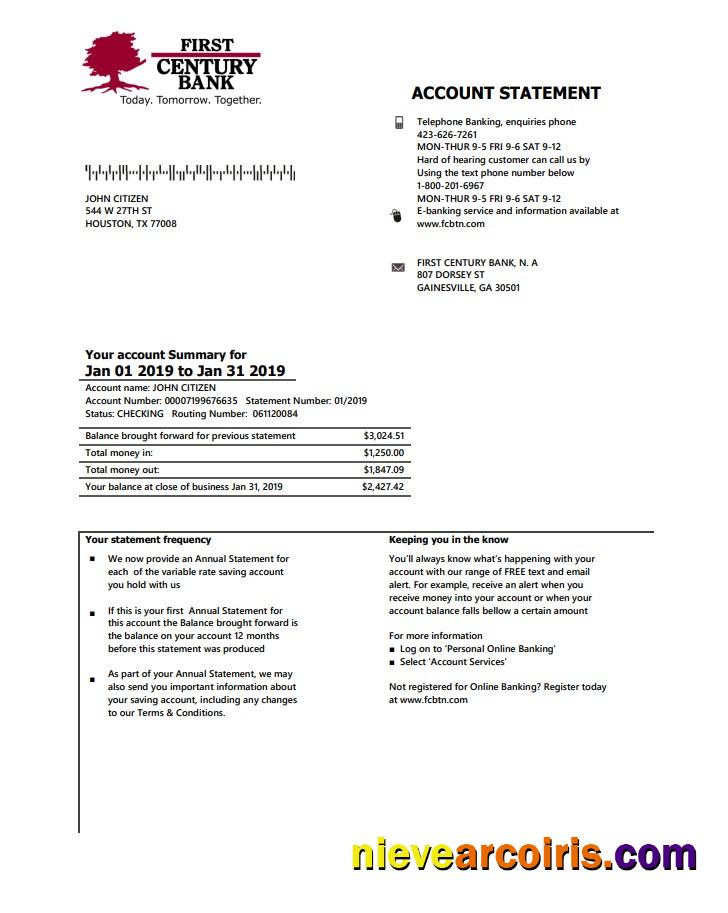 USA Georgia Gainesville First century bank statement